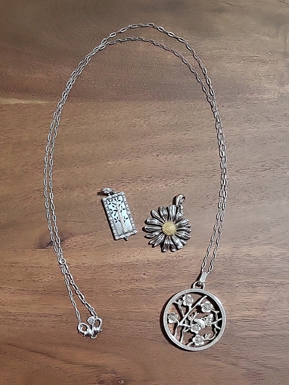 Brighton Long Silver Necklace with 3 Brighton Pendants Flower and Tree Themed